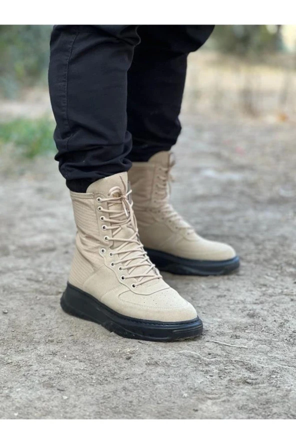 WG012 Bej Kömür Süet Cilt Uzun Bağcıklı  Bot - Resim 4