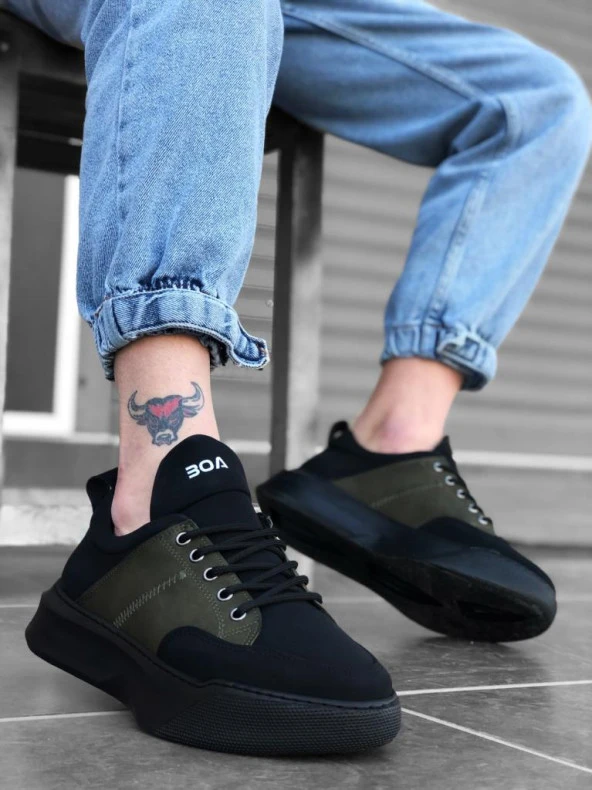 BA0163 Bağcıklı Erkek Yüksek Taban Siyah Haki Spor Ayakkabı - Resim 2