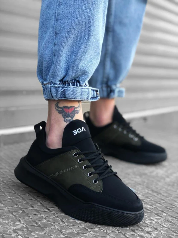 BA0163 Bağcıklı Erkek Yüksek Taban Siyah Haki Spor Ayakkabı - Resim 3