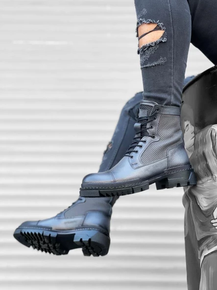 BA0183 İçi Dışı Hakiki Deri Gri Erkek Postal Bot - Resim 2