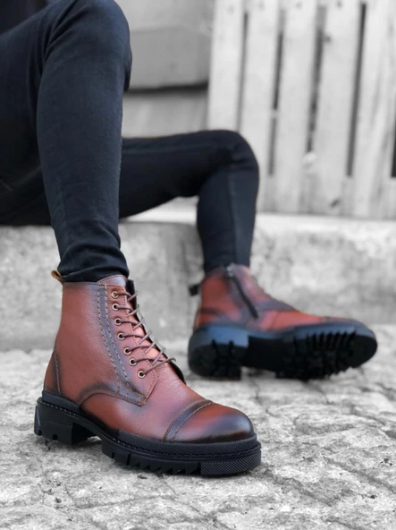 BA0187 İçi Dışı Hakiki Deri Taba Erkek Fermuarlı Yarım Bot - Resim 2