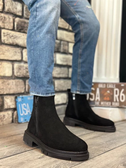BA0315 İçi Dışı Hakiki Deri Süet Siyah Çift Fermuarlı Erkek Yarım Bilek Bot - Resim 5