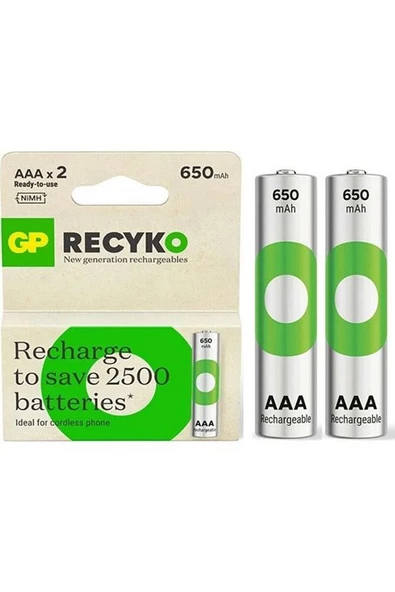 Recyko 650 Mah R03 Aaa Şarjlı 2li Ince Kalem Pil GP65AAAHCER21-2TLB2 (GPRHCH63E041