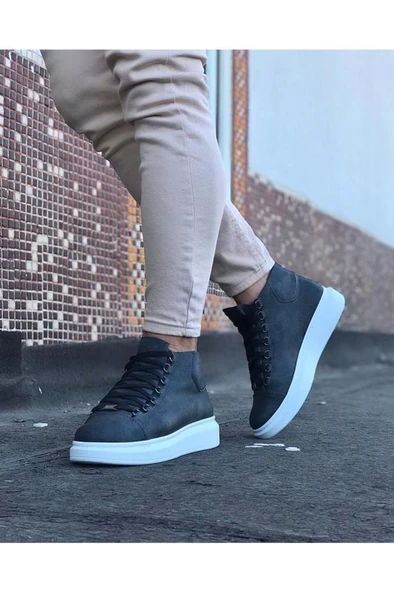 WG032 Gri Bağcıklı Sneakers  Yarım Bilek Bot - Resim 3