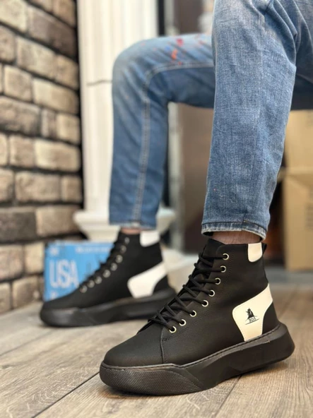 BA0155 Bağcıklı Erkek Yüksek Taban Siyah Beyaz Spor Bot - 2