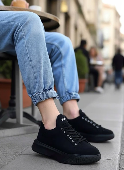 BA0161 Bağcıklı Erkek Yüksek Taban Siyah Spor Ayakkabı - Resim 2