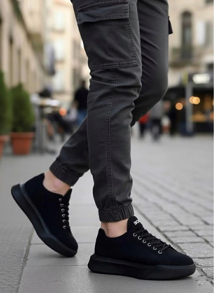 BA0161 Bağcıklı Erkek Yüksek Taban Siyah Spor Ayakkabı - Resim 3