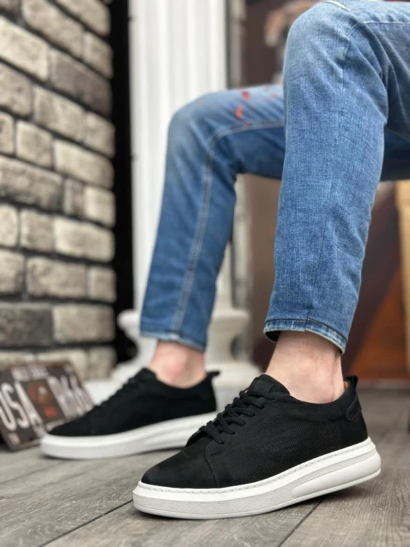 BA0336 İçi Dışı Hakiki Nubuk Deri Siyah Bağcıklı Casual Erkek Ayakkabı - Resim 2