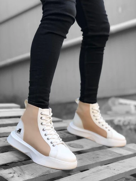 BA0256 Bağcıklı Erkek Yüksek Taban Beyaz Krem Taban Spor Bot - Resim 2