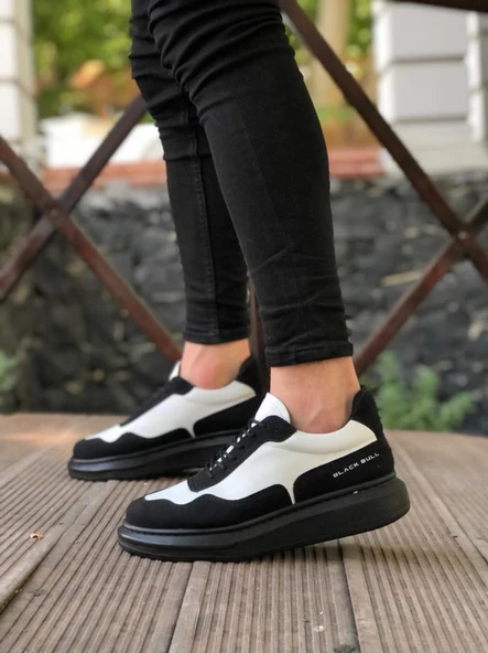 BA0238 BOA Yüksek Taban Siyah Beyaz Bağcıklı Erkek Ayakkabı - Resim 2