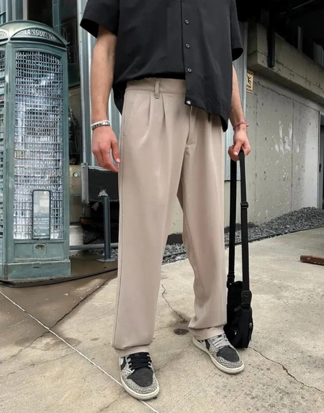 Baggy Fit Erkek Kumaş Pantolon Krem