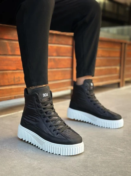 BA0811  Yüksek Beyaz Taban Siyah Paraşüt Kumaş Cilt Detaylı Yarım Bilek Spor Bot - 3