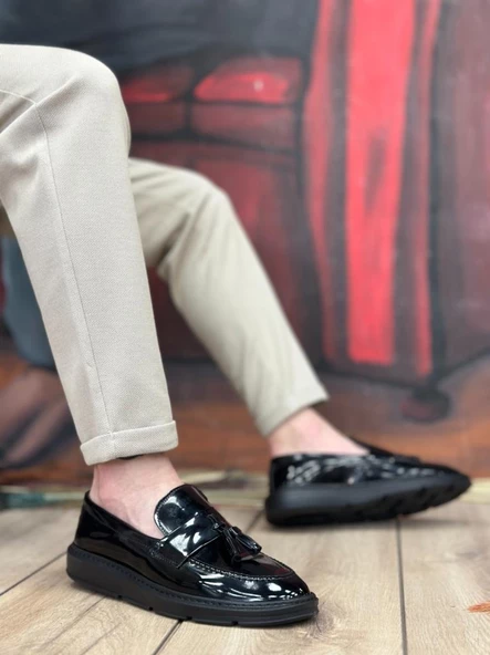 BA0005 Bağcıksız Yüksek Taban Klasik Rugan Kemerli Püsküllü Erkek Ayakkabı - Resim 3