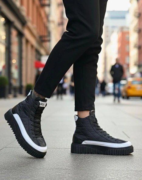 BA0811  Yüksek Taban Siyah Paraşüt Kumaş Beyaz Cilt Detaylı Yarım Bilek Spor Bot - Resim 8