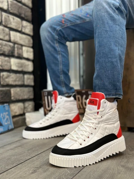 BA0811  Yüksek Taban Beyaz Paraşüt Kumaş Kırmızı Cilt Detaylı Erkek Ayakkabı - Resim 2