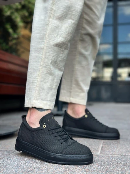 BA0152 Bağcıklı Yüksek Taban Siyah Keten Siyah Taban Erkek Ayakkabı - Resim 3