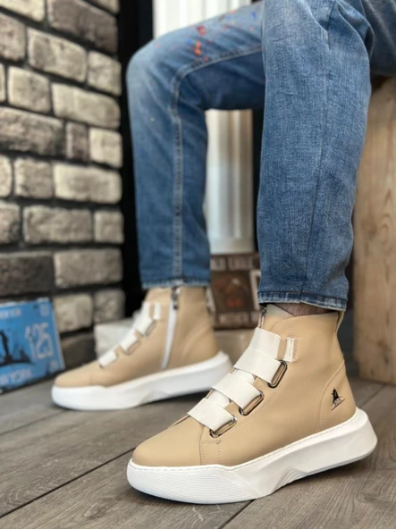 BA0142 Bantlı Erkek Yüksek Taban Krem Beyaz Spor Bot - Resim 2