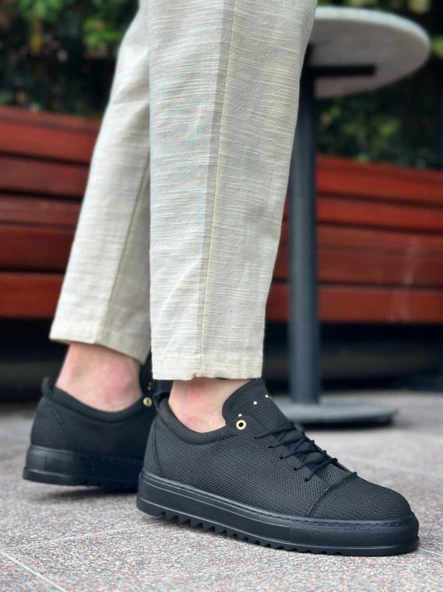 BA0152 Bağcıklı Yüksek Taban Siyah Keten Siyah Taban Erkek Ayakkabı - Resim 2