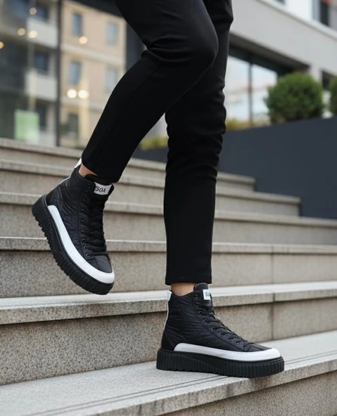 BA0811  Yüksek Taban Siyah Paraşüt Kumaş Beyaz Cilt Detaylı Yarım Bilek Spor Bot - Resim 7