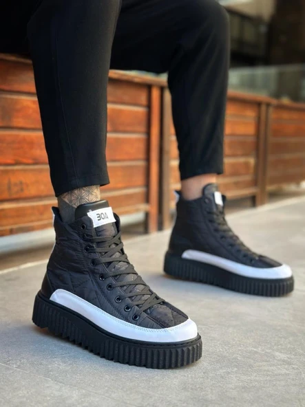 BA0811  Yüksek Taban Siyah Paraşüt Kumaş Beyaz Cilt Detaylı Yarım Bilek Spor Bot - Resim 3