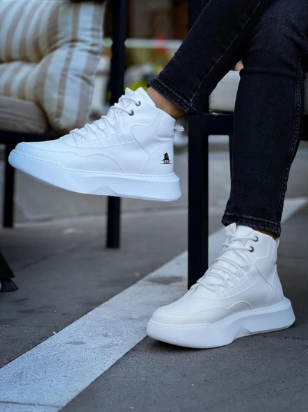 BA0318 Bağcıklı Erkek Yüksek Taban Beyaz Spor Bot - 4