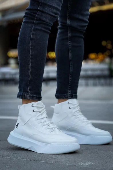 BA0318 Bağcıklı Erkek Yüksek Taban Beyaz Spor Bot - 2