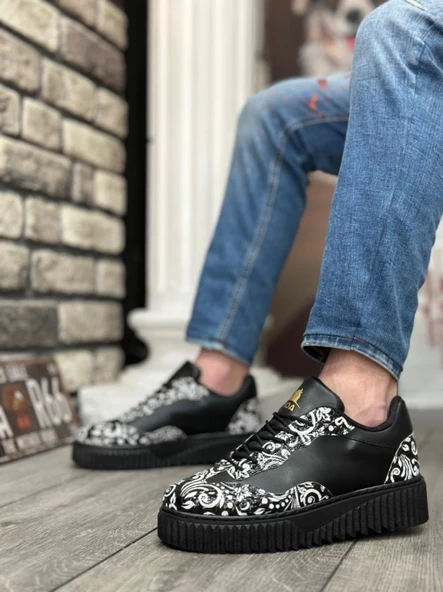 BA0802  Gotik Desenli Siyah Yüksek Taban Erkek Günlük Ayakkabı - 3