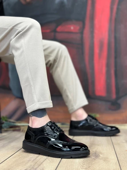 BA0003 Bağcıklı Klasik  Siyah Taban Rugan Yüksek Taban Casual Erkek Ayakkabı ürün görseli