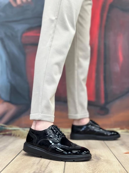 BA0003 Bağcıklı Klasik  Siyah Taban Rugan Yüksek Taban Casual Erkek Ayakkabı - Resim 2
