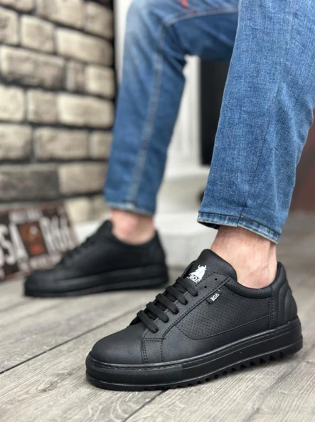 BA0323  Kalın Tırtık Yüksek Siyah Taban Siyah Bağcıklı Spor Erkek Ayakkabı - Resim 2