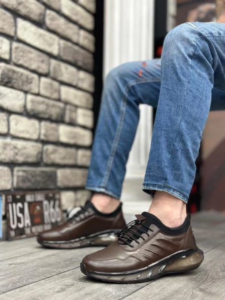 BA0345 Hakiki Deri Rahat Taban Ayarlanabilir Lastik Bağcıklı Desenli Kahverengi Casual Erkek Ayakkabı - 2
