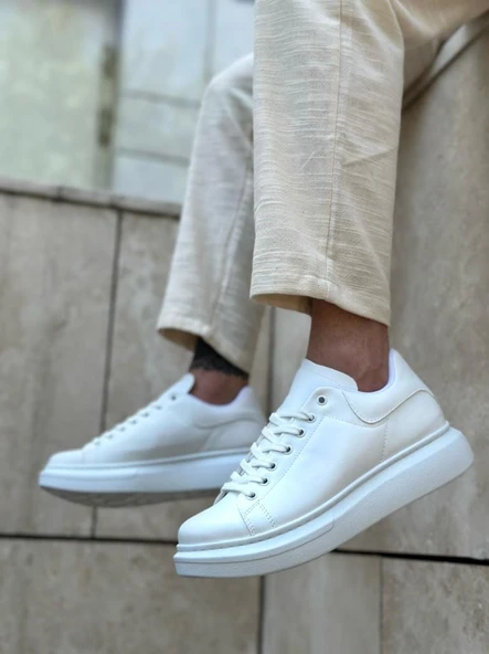 BA0547 BOA Kalın Yüksek Taban Beyaz Bağcıklı Spor Erkek Ayakkabı - Resim 3