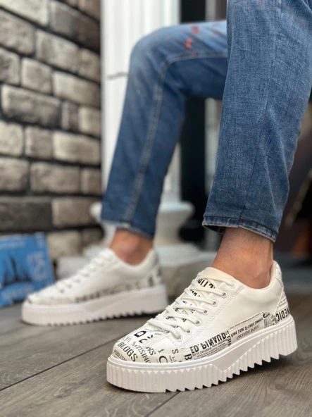 BA0801  Yüksek Taban Gazete Desenli Erkek Spor Ayakkabı - Resim 2