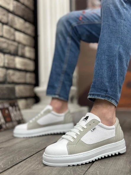 BA0323  Kalın Tırtık Yüksek Taban Beyaz Gri Bağcıklı Spor Erkek Ayakkabı - Resim 2
