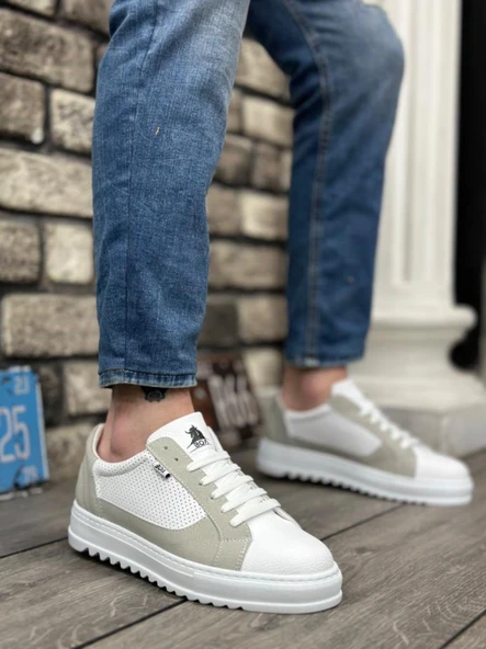 BA0323  Kalın Tırtık Yüksek Taban Beyaz Gri Bağcıklı Spor Erkek Ayakkabı ürün görseli