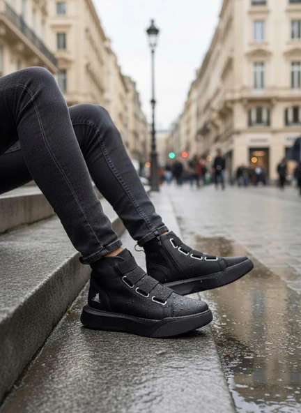 BA0142 Bantlı Erkek Yüksek Taban Siyah Tabanlı Spor Bot - Resim 5