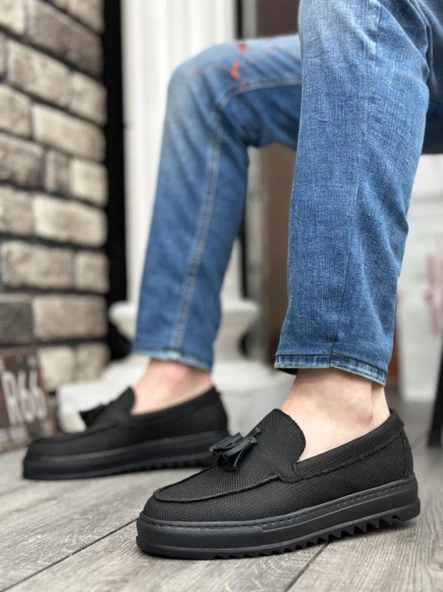 BA0154 Bağcıksız Yüksek Taban Siyah Keten Siyah Taban Püsküllü Erkek Ayakkabı - Resim 2