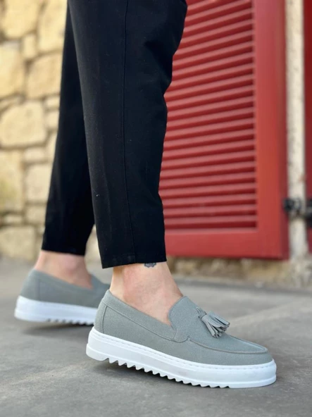 BA0154 Bağcıksız Yüksek Taban Gri Süet Püsküllü Erkek Ayakkabı - Resim 3