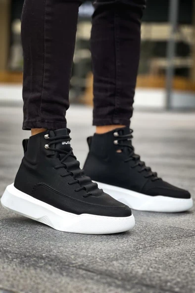 BA0321 Gizli Bağcıklı Erkek Yüksek Taban Siyah Beyaz Spor Bot - Resim 5