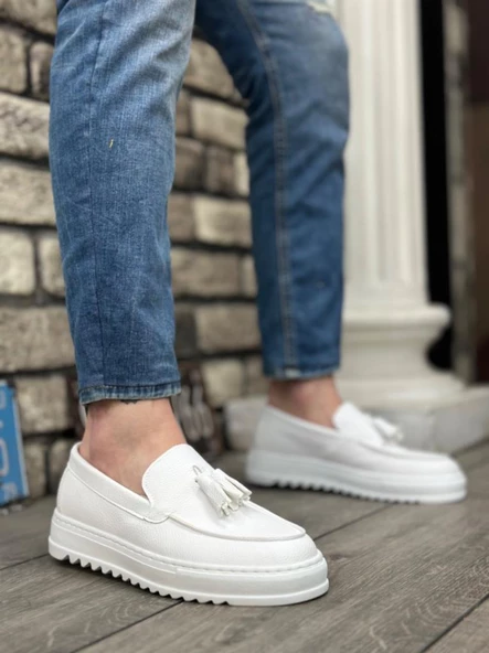 BA0154  Bağcıksız Yüksek Taban Cilt Beyaz Renk Püsküllü Erkek Ayakkabı ürün görseli