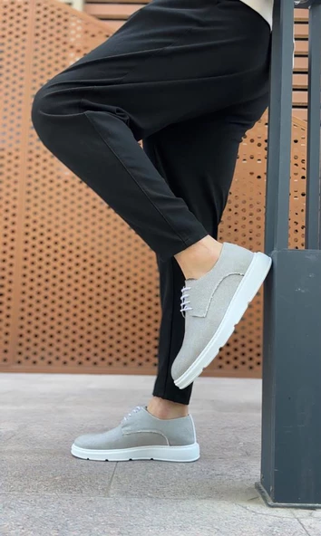 BA0003 Bağcıklı Klasik Spor Gri Renk Keten Yüksek Taban Casual Erkek Ayakkabı - 3