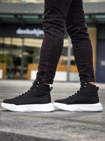 BA0321 Gizli Bağcıklı Erkek Yüksek Taban Siyah Beyaz Spor Bot - Resim 2