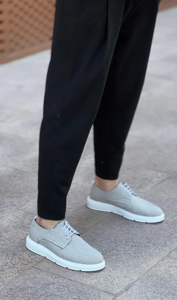 BA0003 Bağcıklı Klasik Spor Gri Renk Keten Yüksek Taban Casual Erkek Ayakkabı - 2
