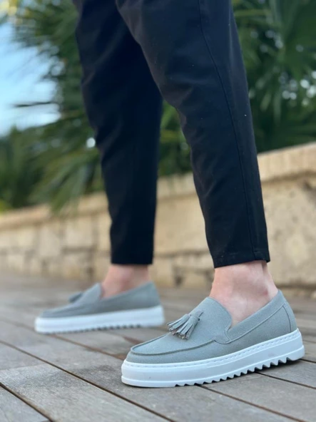 BA0154 Bağcıksız Yüksek Taban Gri Süet Püsküllü Erkek Ayakkabı - Resim 2