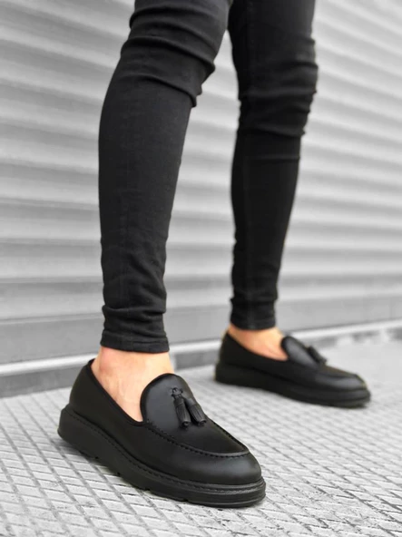 BA0005 Bağcıksız Yüksek Siyah Taban Klasik Cilt Deri Püsküllü Corcik Erkek Ayakkabı - 3