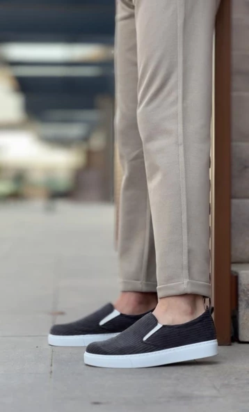 BA0339 Bağcıksız Kadife Gri Beyaz Taban Günlük Erkek Ayakkabı - Resim 7