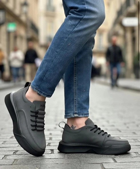 BA0332 Merdiven Desen Bağcıklı Erkek Yüksek Taban Füme Cilt Spor Ayakkabı - Resim 2