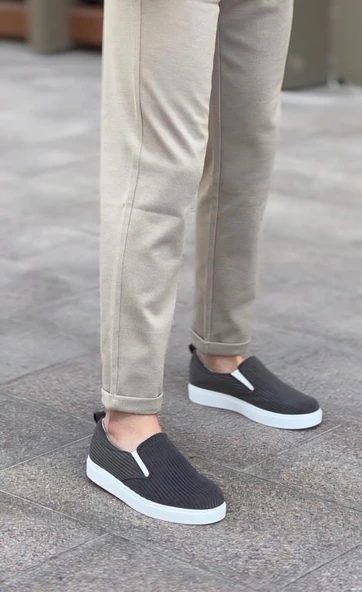 BA0339 Bağcıksız Kadife Gri Beyaz Taban Günlük Erkek Ayakkabı - Resim 3