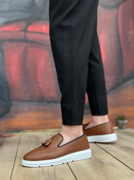 BA0005 Bağcıksız Yüksek Taban Taba Beyaz Klasik Püsküllü Corcik Erkek Ayakkabı - Resim 3