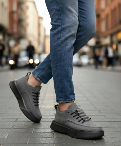 BA0332 Merdiven Desen Bağcıklı Erkek Yüksek Taban Füme Cilt Spor Ayakkabı ürün görseli